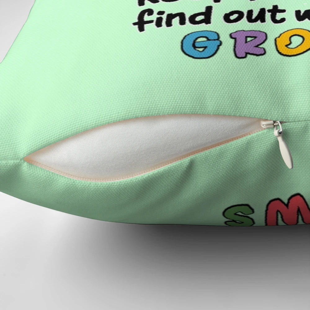 Keep Planting to Find Out Which One Grows" Pillow featuring a typewriter and plant design