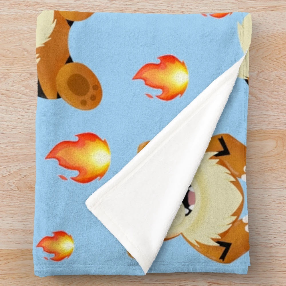 Growlithe-themed plush blanket with fire, orange, and red colors