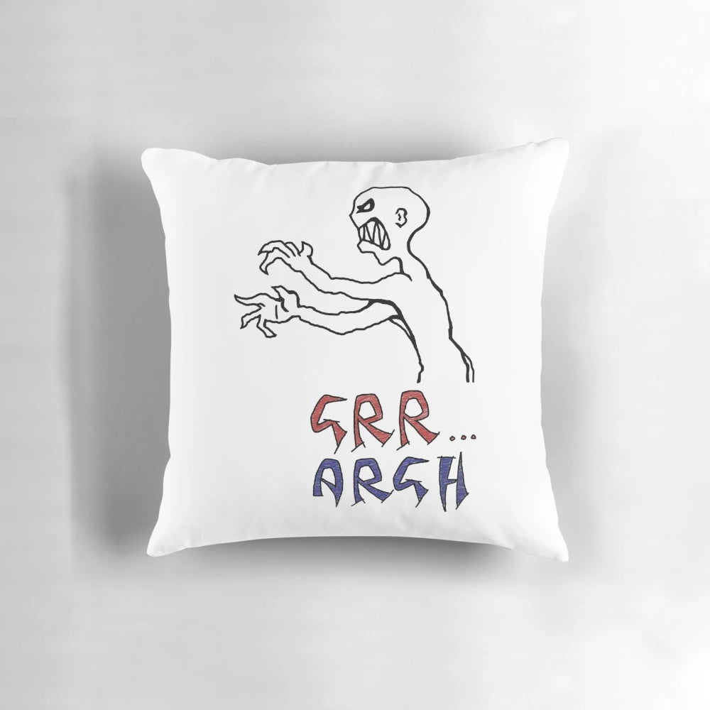 Colorful pillow with "Grr...Argh!" design, inspired by the Mutant Enemy logo from Buffy the Vampire Slayer.