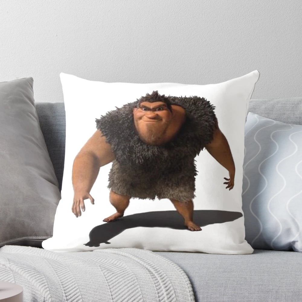 Image of a Grug cartoon character printed on a plush, cozy pillow.