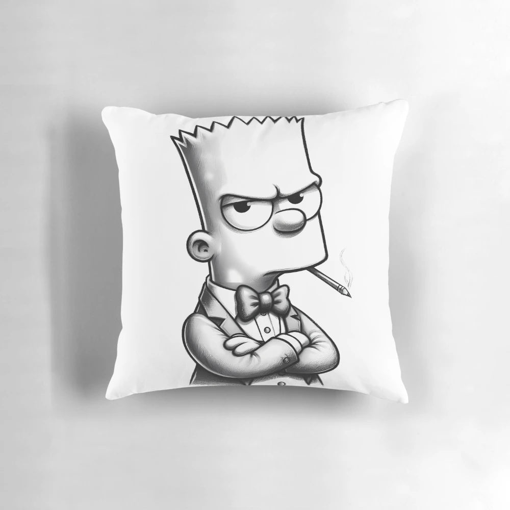 Grumpy Bart Simpson in a suit on a colorful, soft pillow