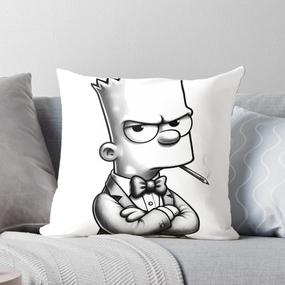 Grumpy Bart Simpson in a suit on a colorful, soft pillow
