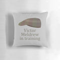 Vintage-inspired flat cap design pillow featuring a grumpy old man, reminiscent of the BBC sitcom One Foot in the Grave.
