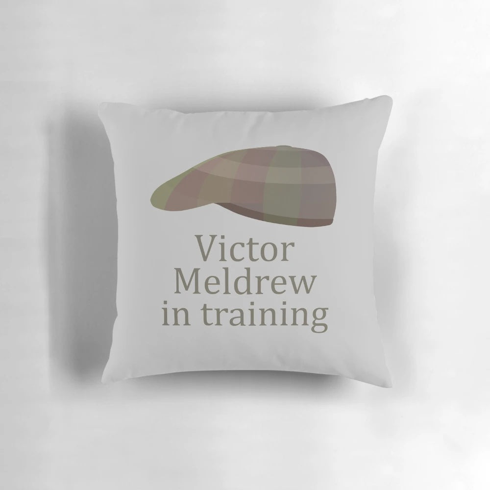 Vintage-inspired flat cap design pillow featuring a grumpy old man, reminiscent of the BBC sitcom One Foot in the Grave.