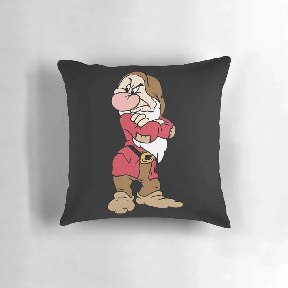 Grumpy Snow White and the Seven Dwarfs decorative throw pillow with vibrant colors and a whimsical design.