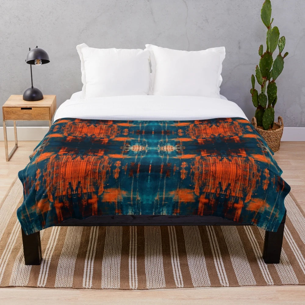 Grunge abstract art print plush blanket in burnt orange, teal, and blue colors