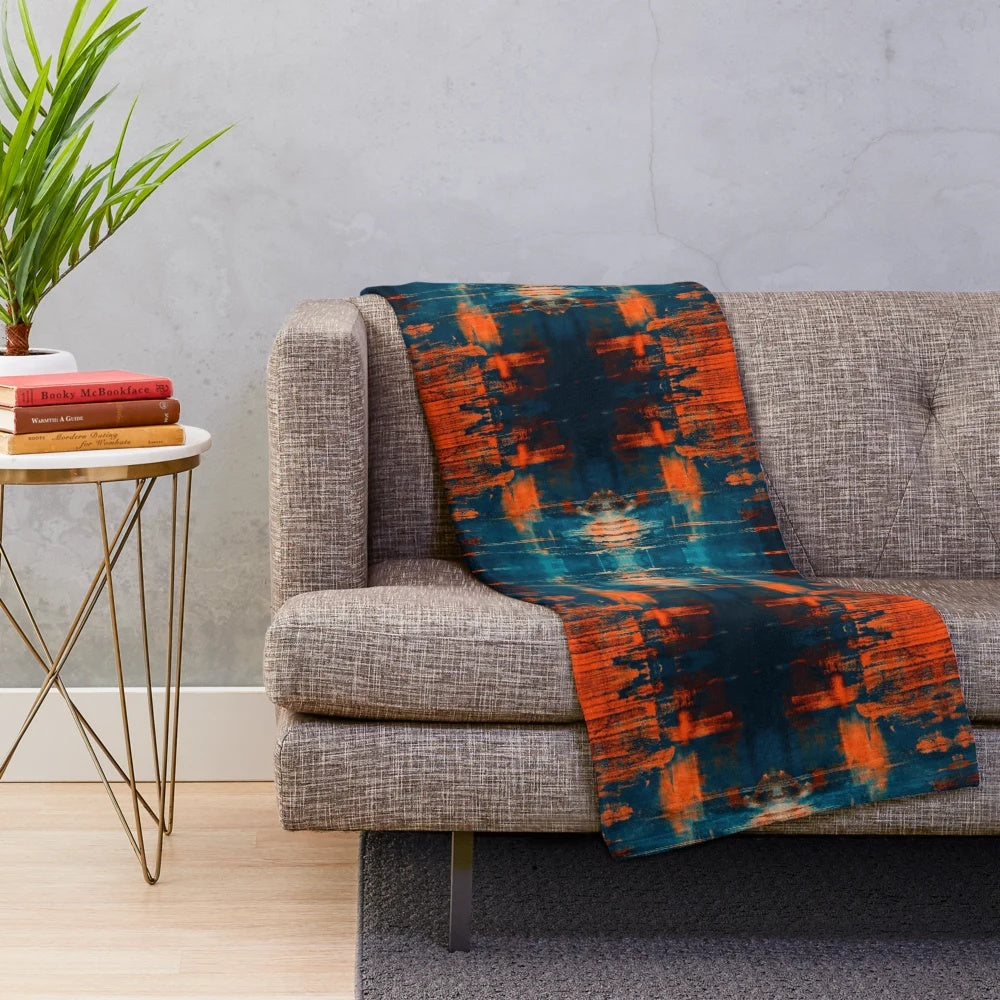 Grunge abstract art print plush blanket in burnt orange, teal, and blue colors