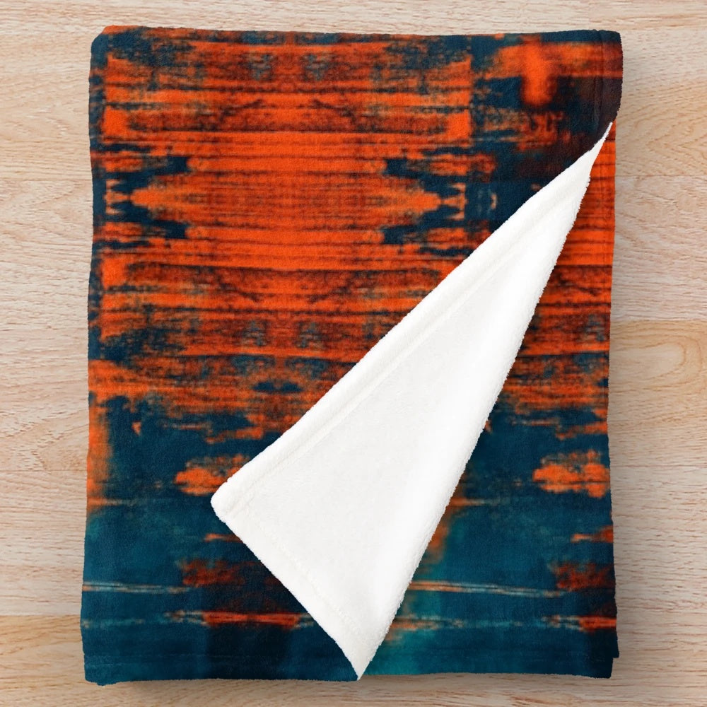 Grunge abstract art print plush blanket in burnt orange, teal, and blue colors
