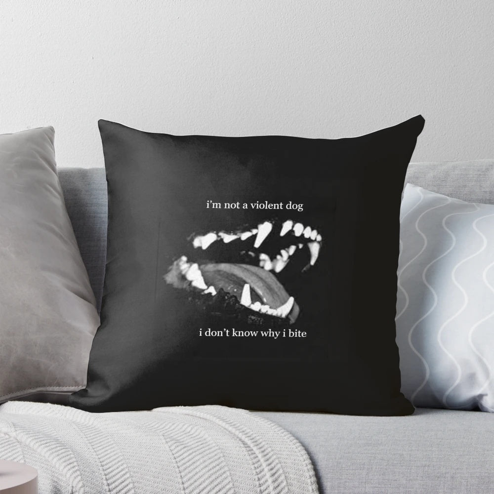 Pillow featuring a grunge punk werewolf dog with a biting problem