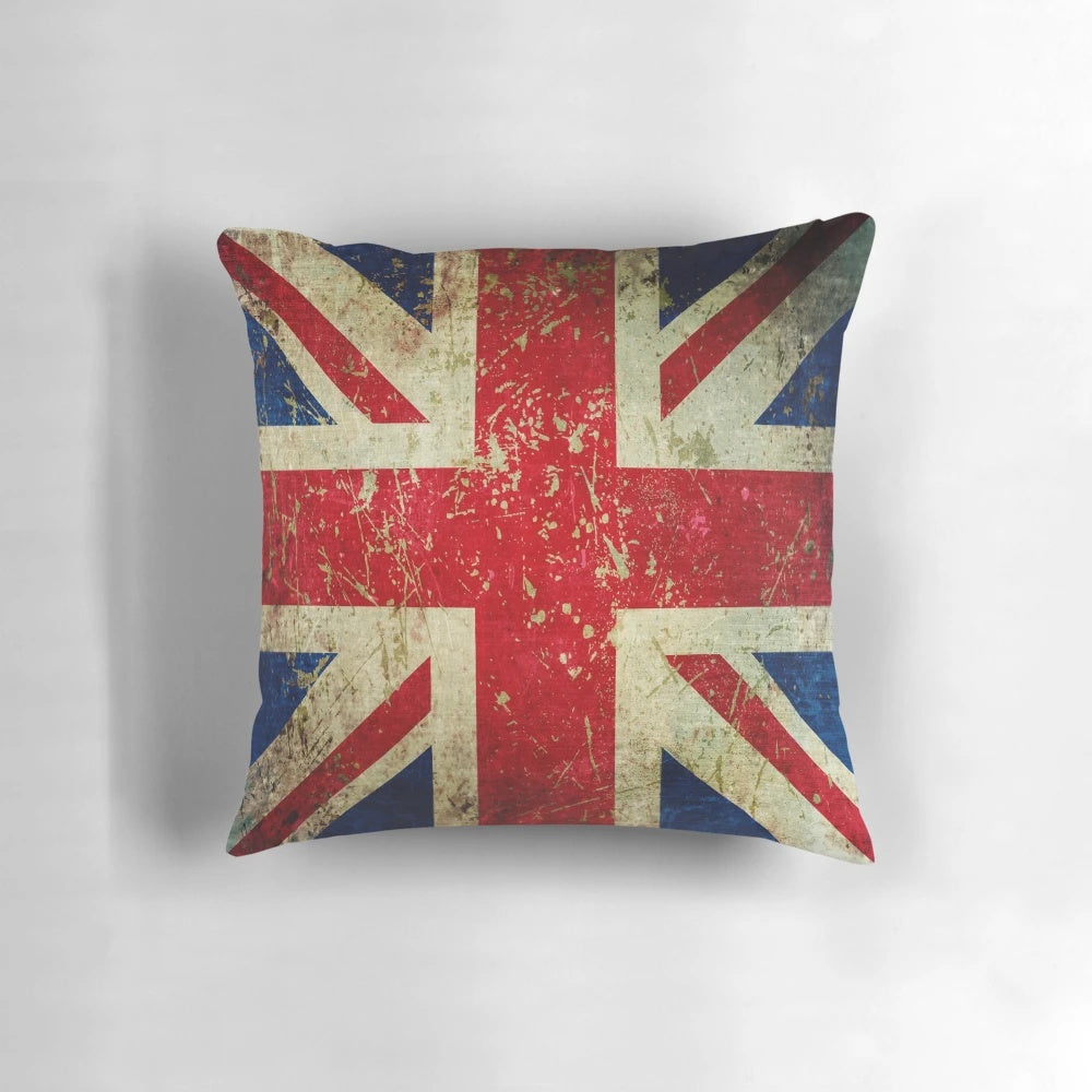 Decorative throw pillow with a grunge union jack design and worn, scratched metal effect