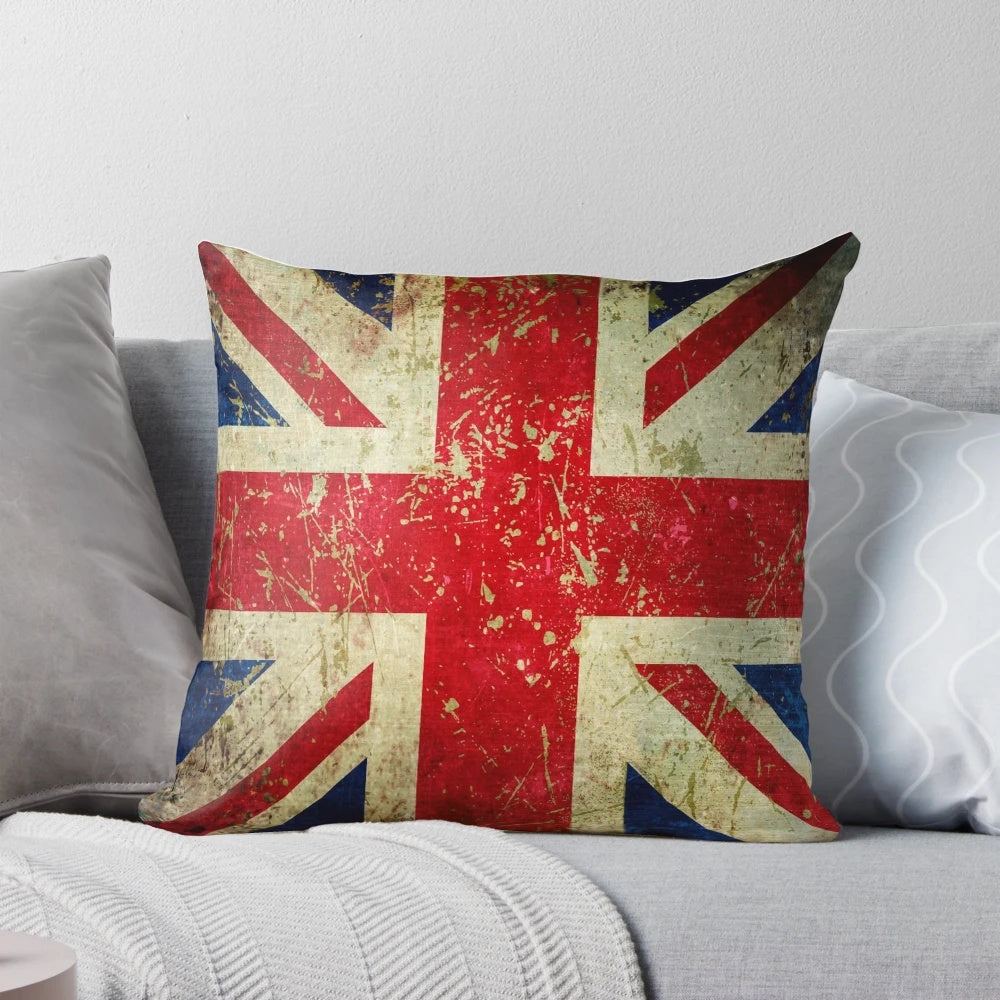 Decorative throw pillow with a grunge union jack design and worn, scratched metal effect
