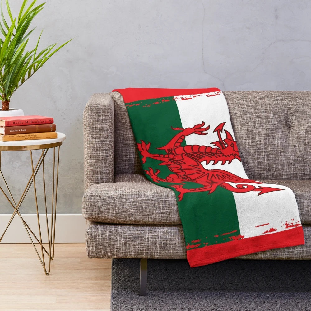 Grunge Welsh flag plush blanket featuring the iconic Welsh dragon symbol