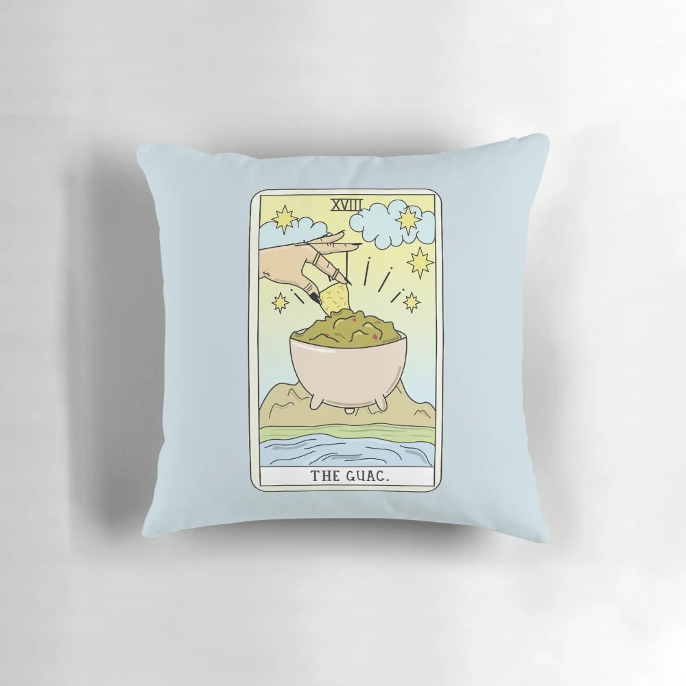 Cozy guacamole-themed reading pillow with tarot cards and sagepizza design