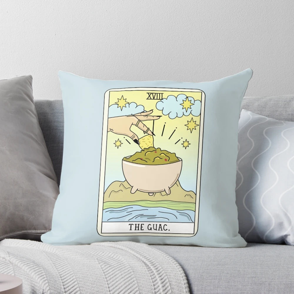 Cozy guacamole-themed reading pillow with tarot cards and sagepizza design