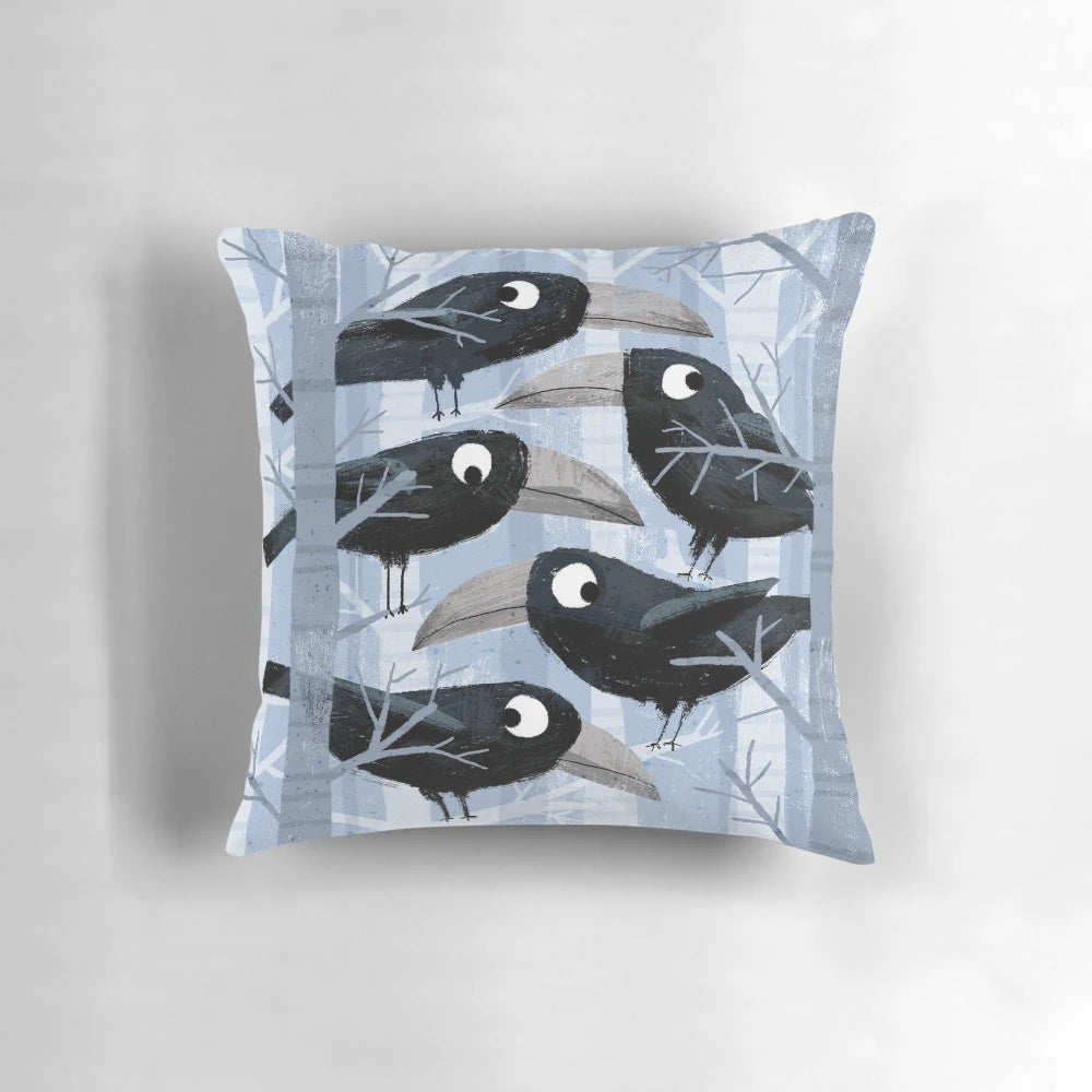 Throw pillow featuring a digital art design of guilty looking crows on a grey background