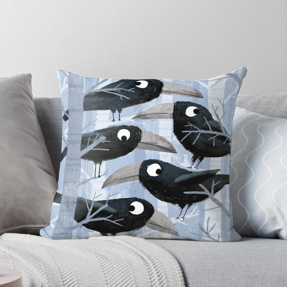 Throw pillow featuring a digital art design of guilty looking crows on a grey background