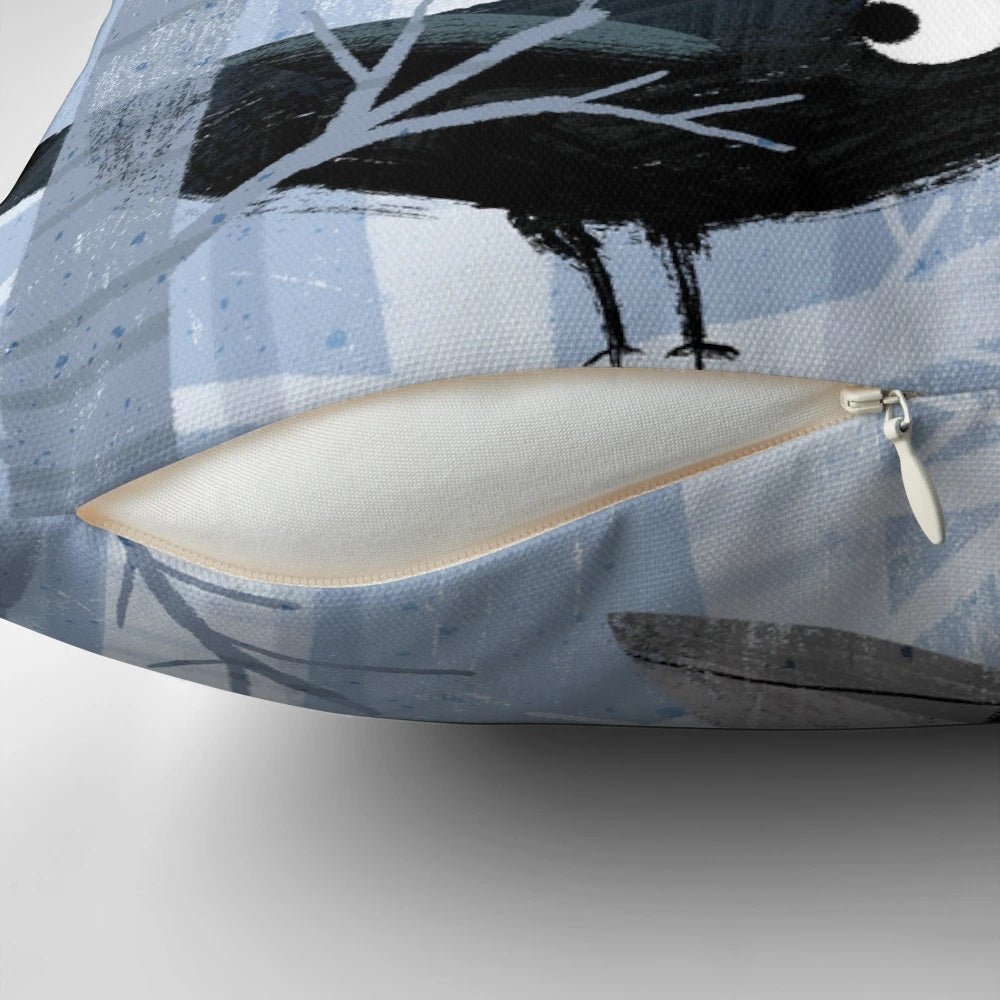 Throw pillow featuring a digital art design of guilty looking crows on a grey background