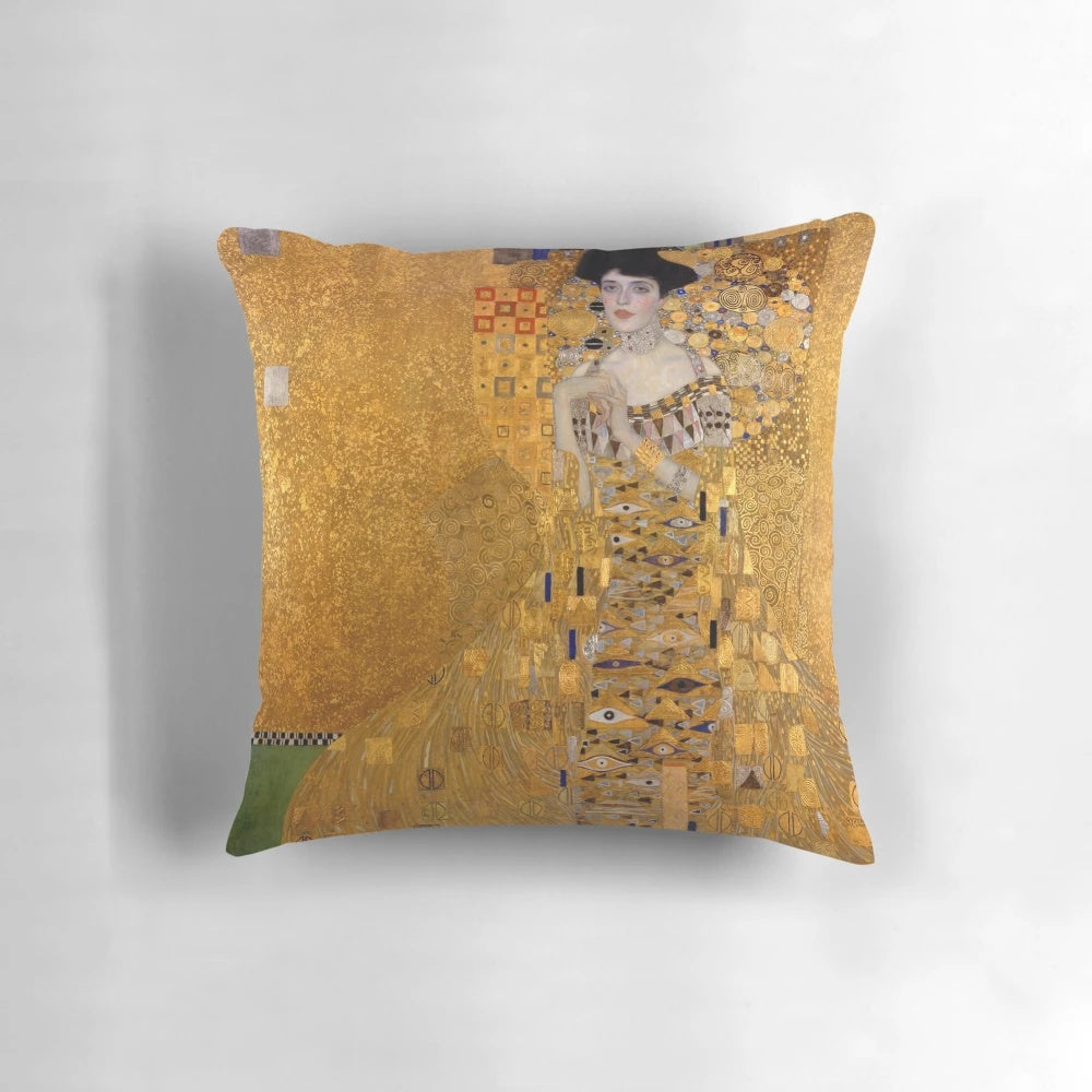 Stunning Gustav Klimt-inspired lady in gold oil painting on a decorative pillow
