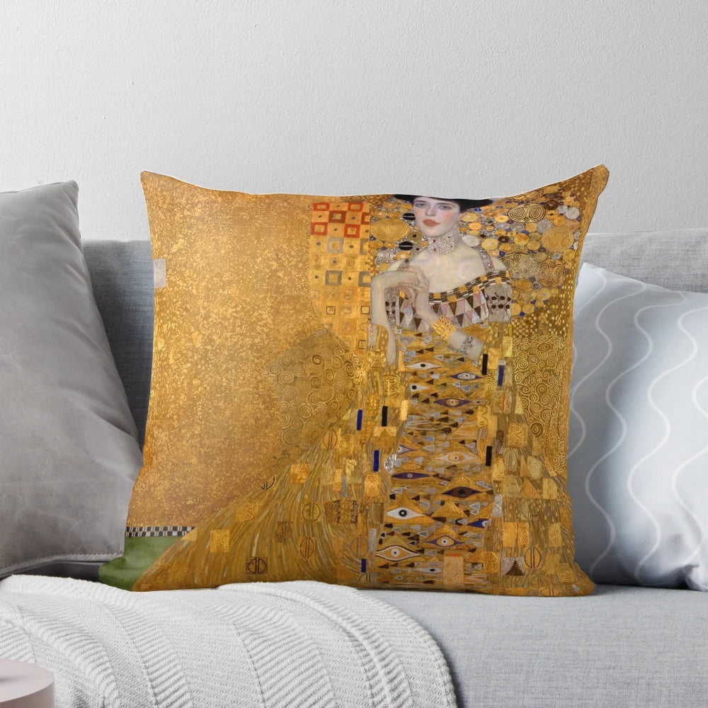 Stunning Gustav Klimt-inspired lady in gold oil painting on a decorative pillow