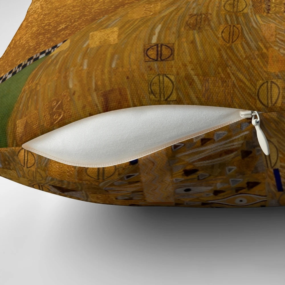 Stunning Gustav Klimt-inspired lady in gold oil painting on a decorative pillow