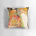 Decorative pillow featuring a high-definition reproduction of Gustav Klimt's "Water Snakes II" painting.