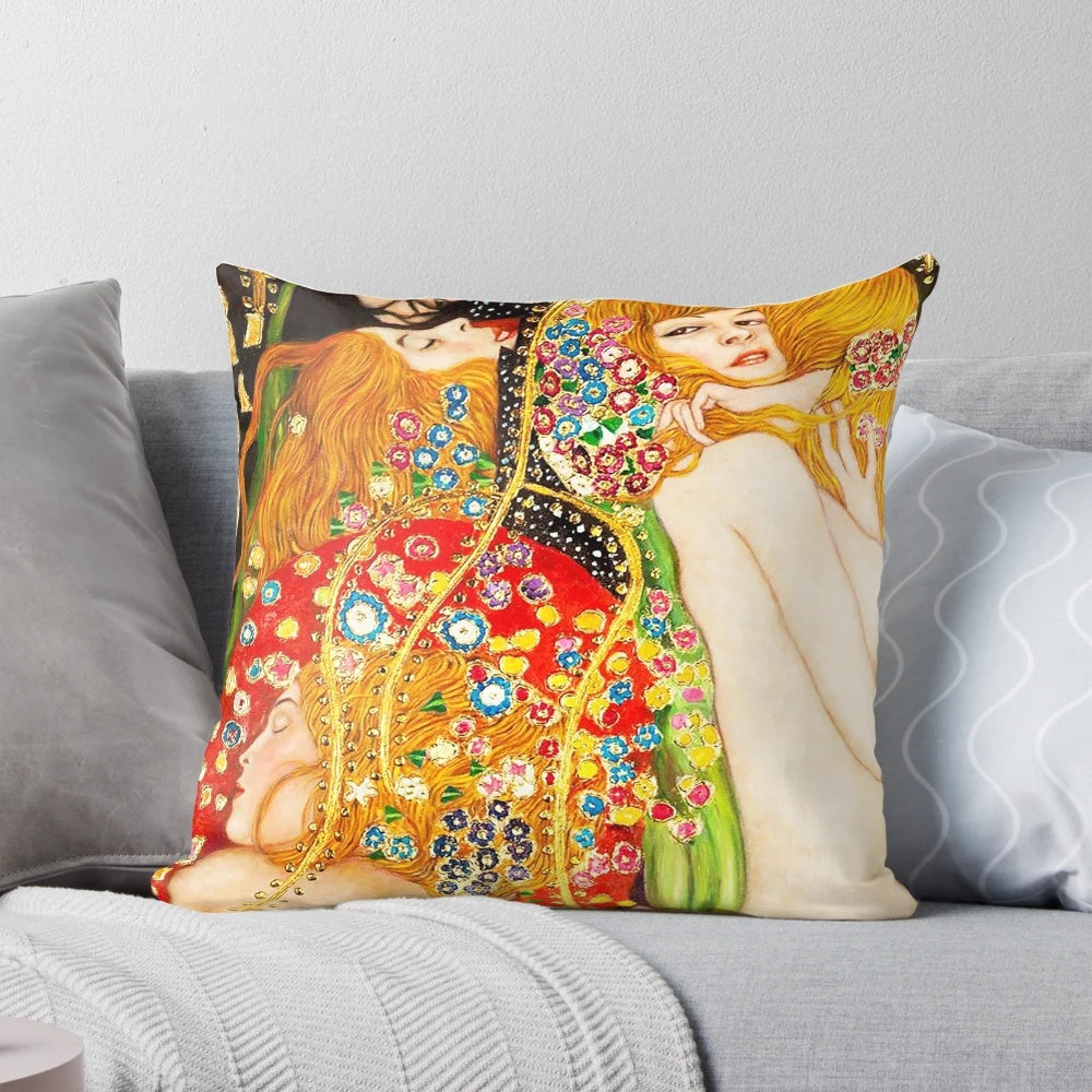Decorative pillow featuring a high-definition reproduction of Gustav Klimt's "Water Snakes II" painting.