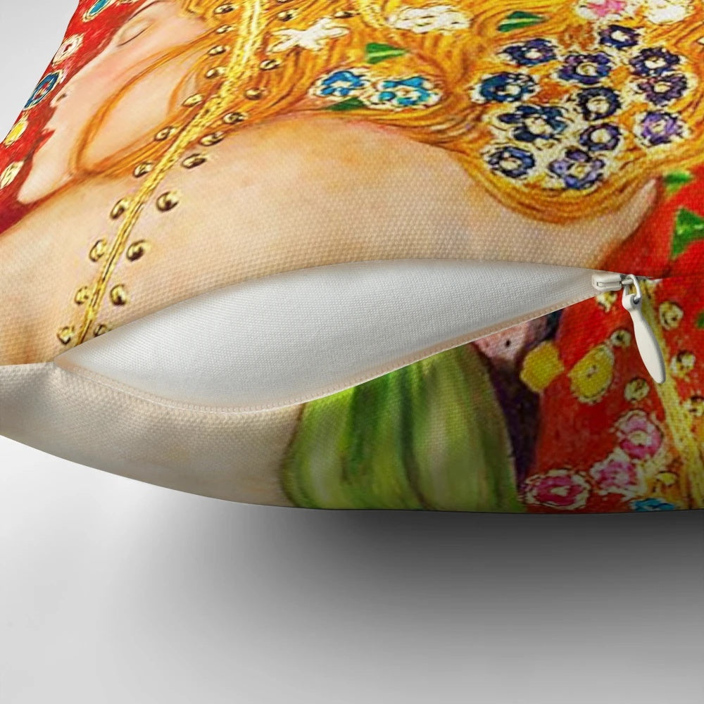Decorative pillow featuring a high-definition reproduction of Gustav Klimt's "Water Snakes II" painting.