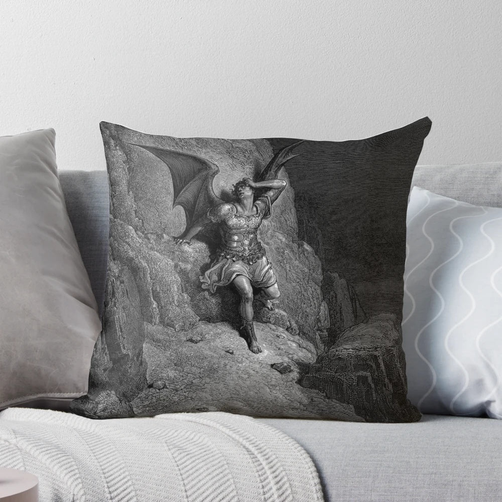Decorative pillow featuring Gustave Doré's classic illustration of Satan from the epic poem "Paradise Lost