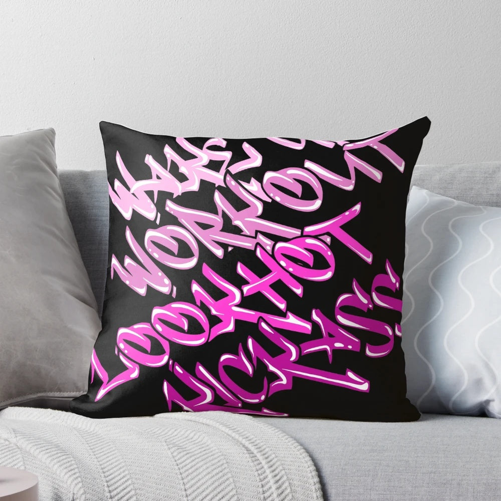 A white pillow with a motivational script design, perfect for gym lovers and fitness enthusiasts.