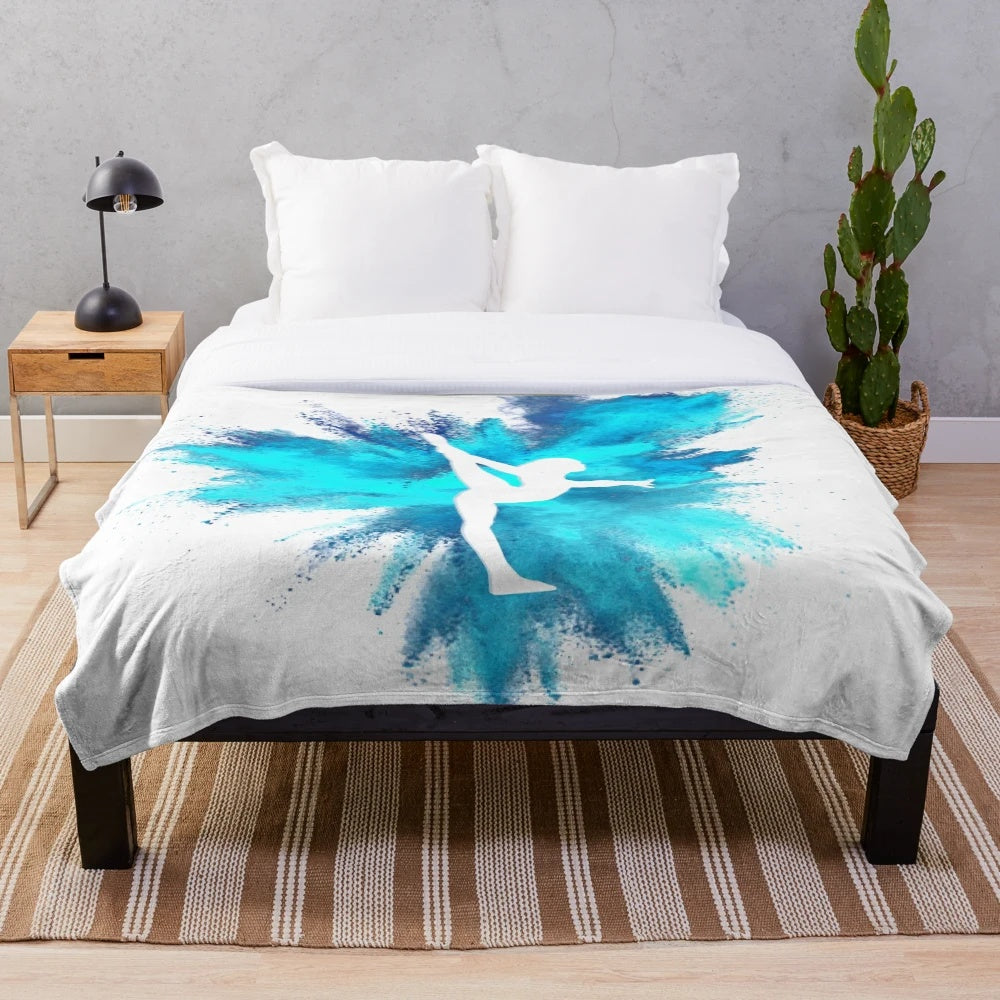 Blue and white gymnast silhouette design on a cozy plush blanket