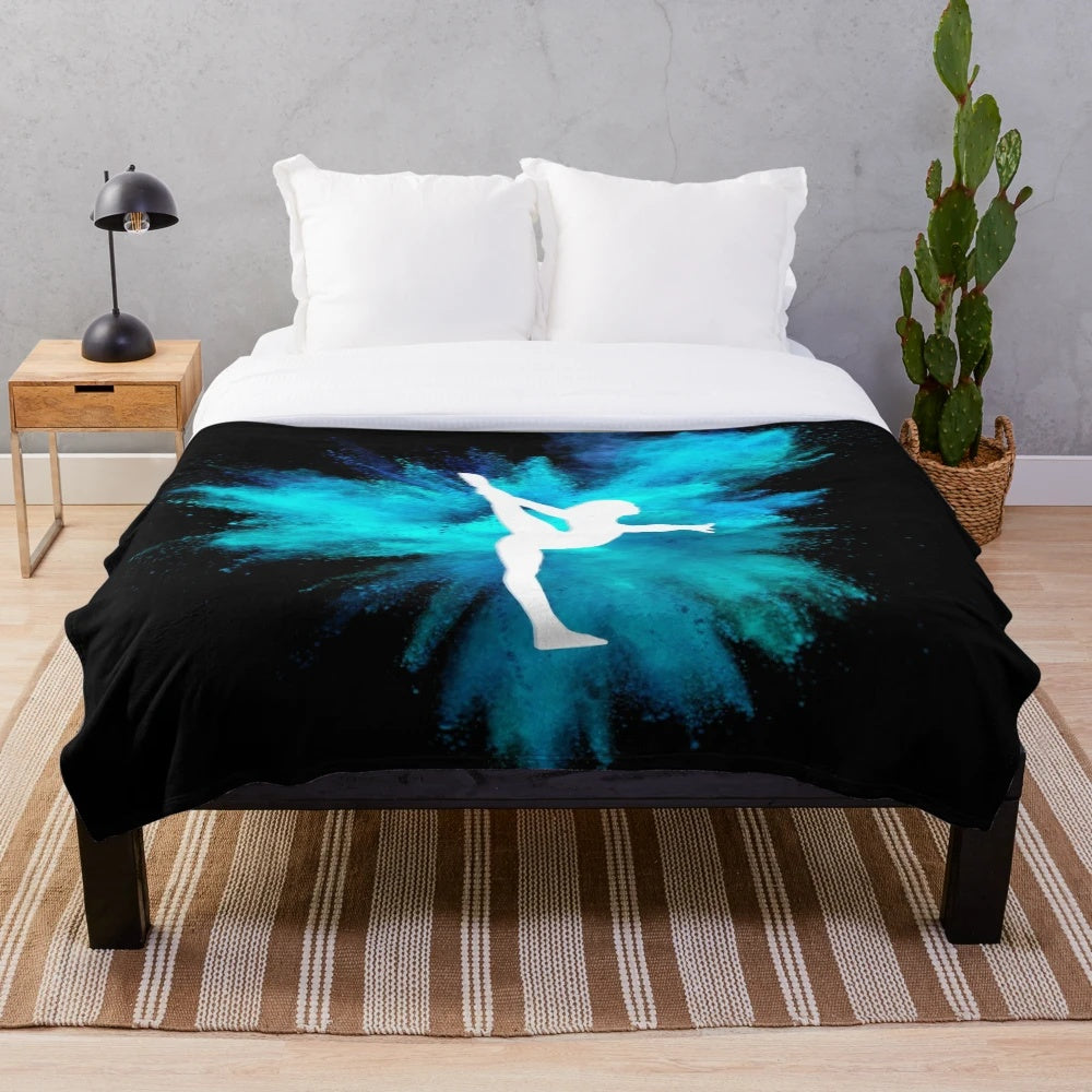 Gymnast silhouette plush blanket with blue explosion on black background