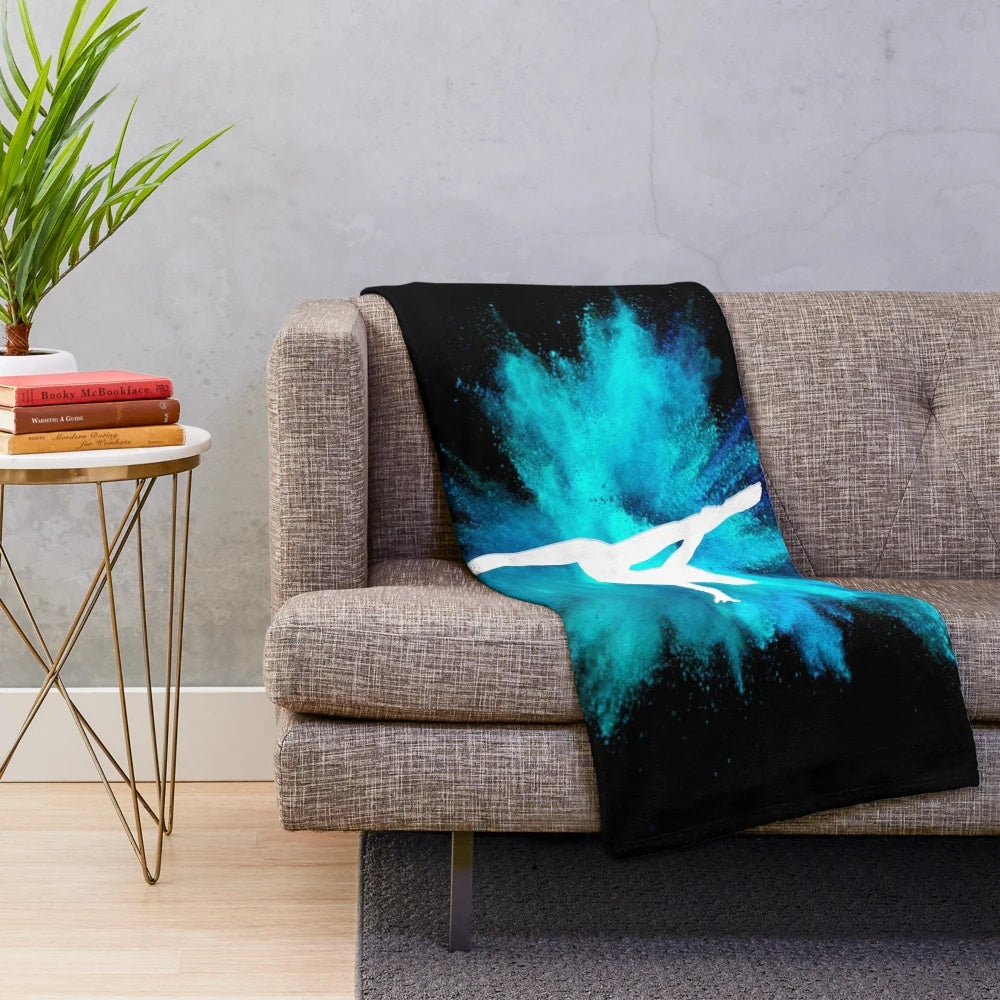 Gymnast silhouette plush blanket with blue explosion on black background
