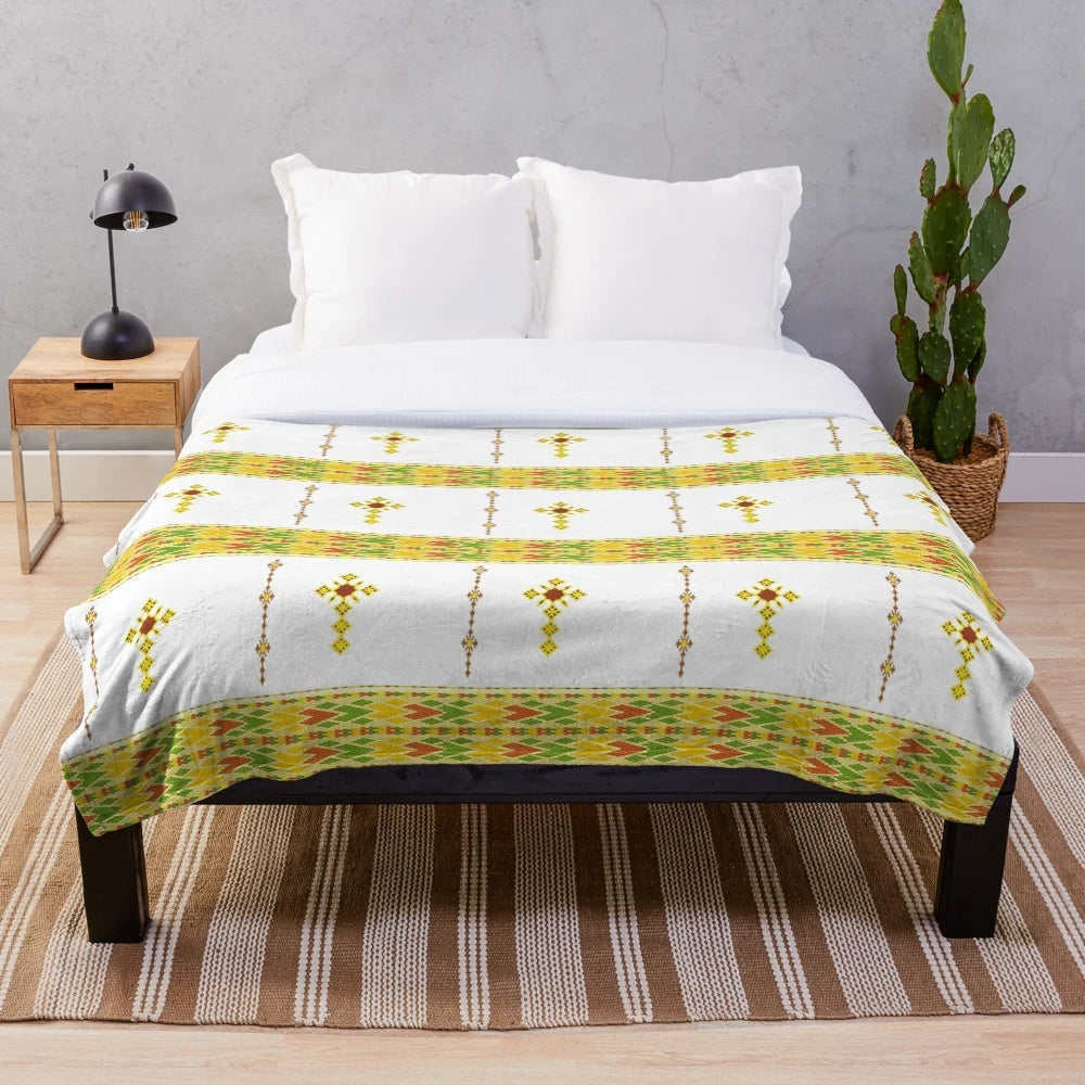 Habesha-style Ethiopian plush blanket with cross design