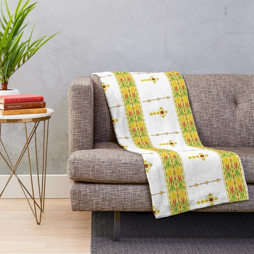 Habesha-style Ethiopian plush blanket with cross design