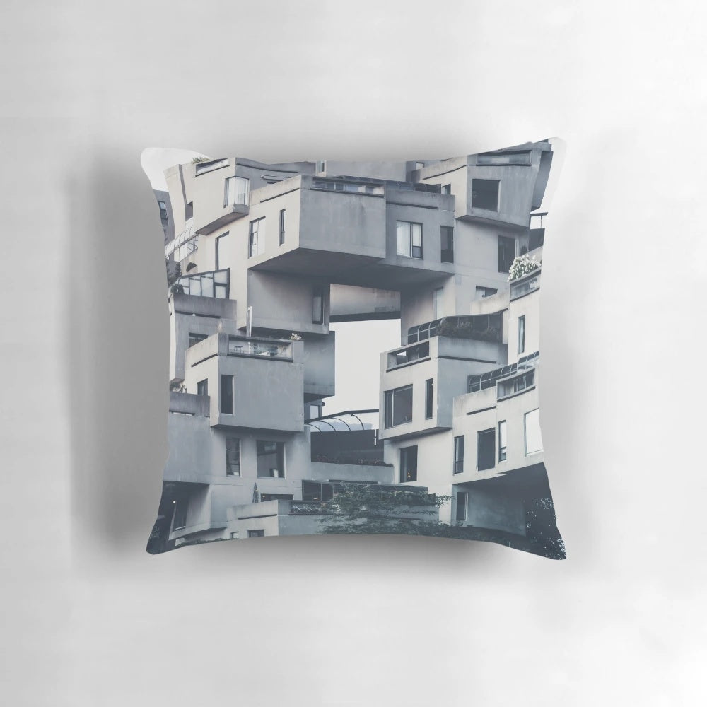 Habitat 67 Montreal Pillow featuring the iconic brutalist architecture of the Expo 67 landmark