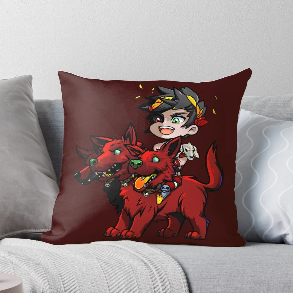 Cozy Hades-themed pillow featuring Zagreus and Cerberus, the three-headed dog from Greek mythology