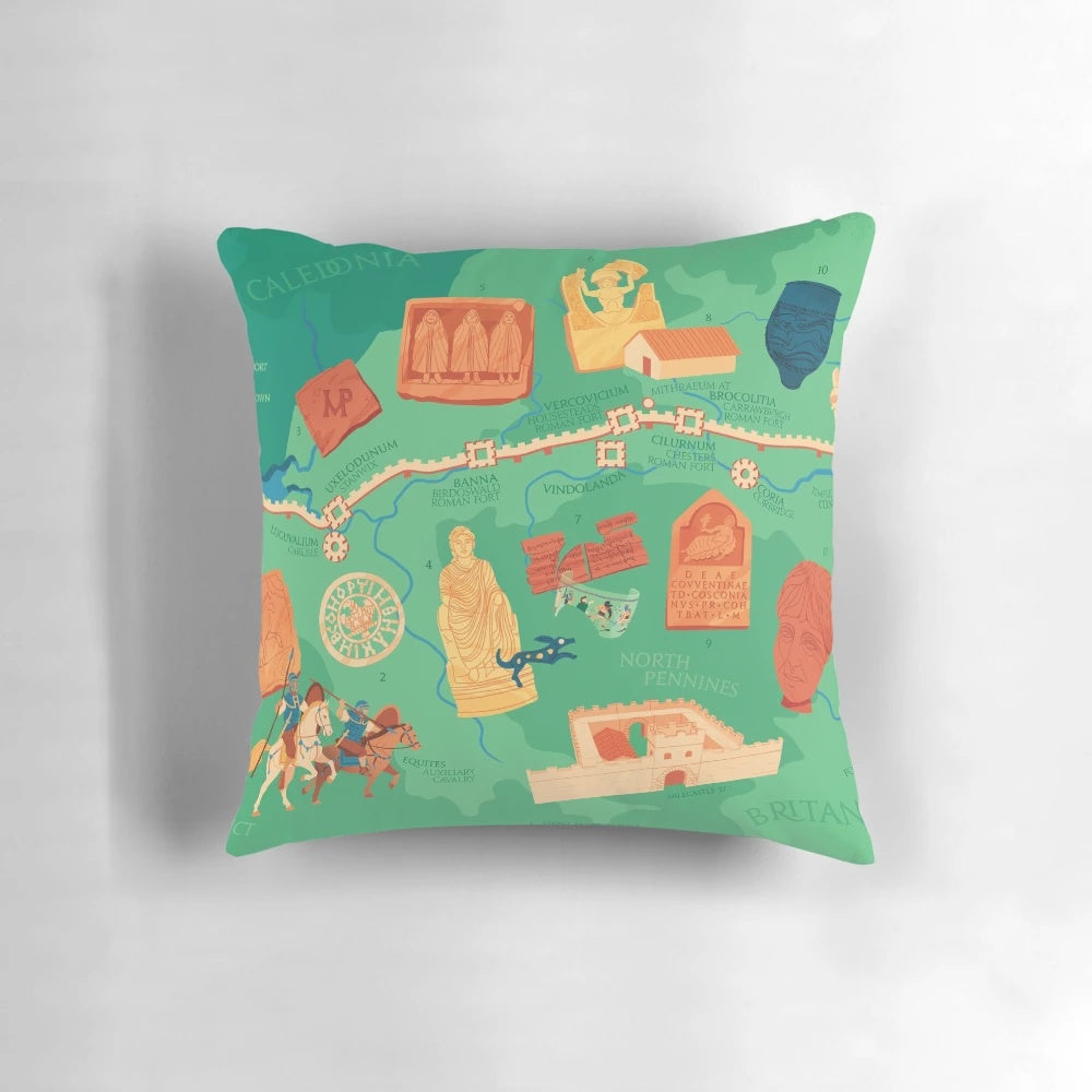 Hadrian's Wall illustrated map printed on a plush pillow, educational classroom decor.