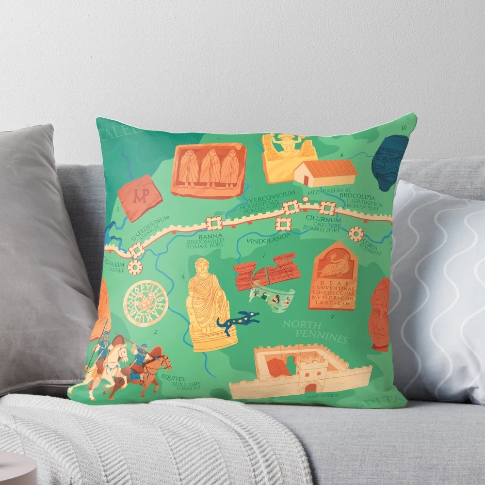 Hadrian's Wall illustrated map printed on a plush pillow, educational classroom decor.