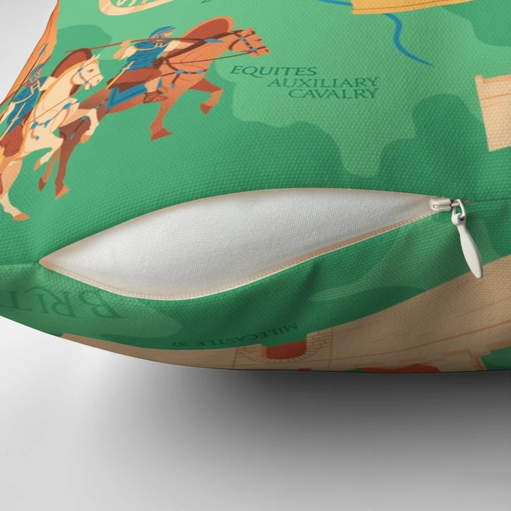Hadrian's Wall illustrated map printed on a plush pillow, educational classroom decor.
