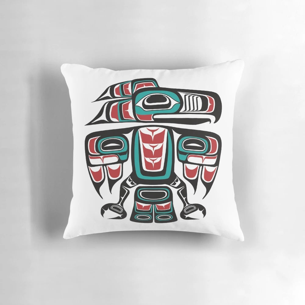 Haida-inspired raven totem design on a decorative pillow