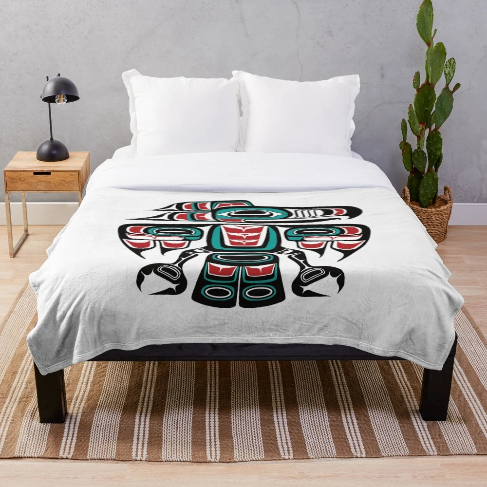 Haida Tlingit Raven Totem Plush Blanket featuring indigenous art and designs
