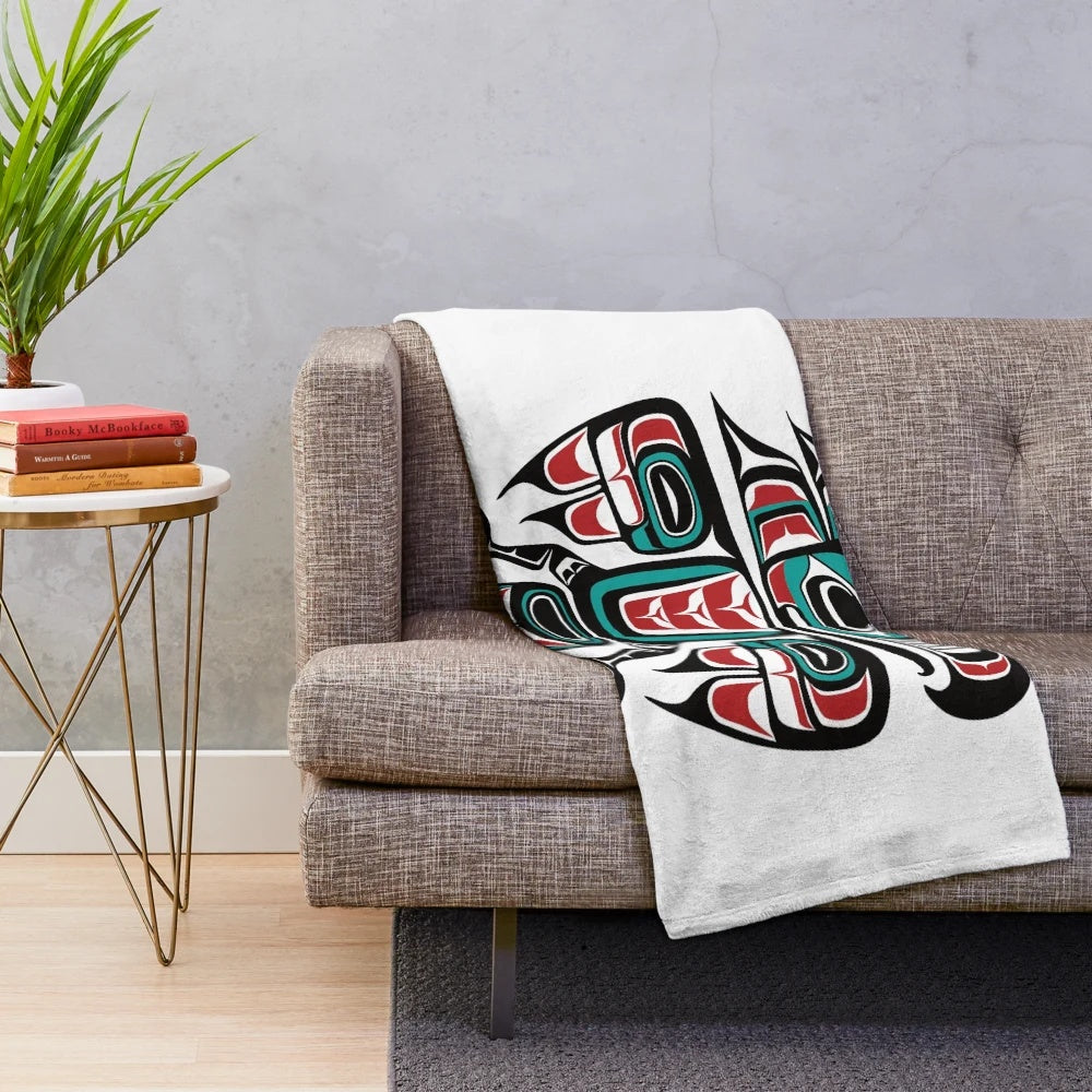 Haida Tlingit Raven Totem Plush Blanket featuring indigenous art and designs
