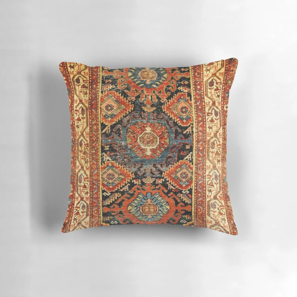Hamadan-inspired animal print pillow with a vintage, oriental rug design