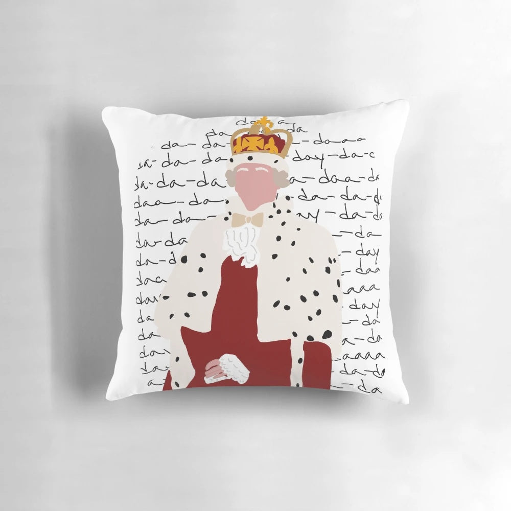Decorative pillow featuring the character King George from the hit Broadway musical Hamilton.