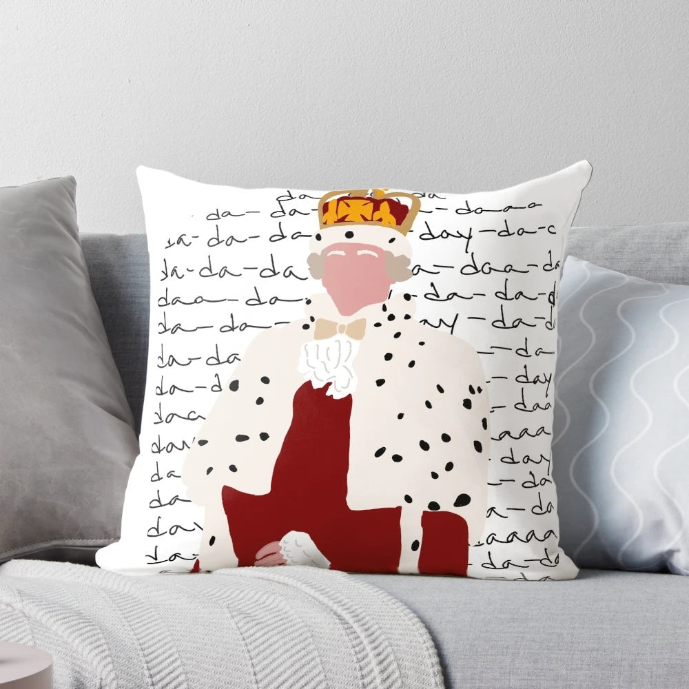 Decorative pillow featuring the character King George from the hit Broadway musical Hamilton.