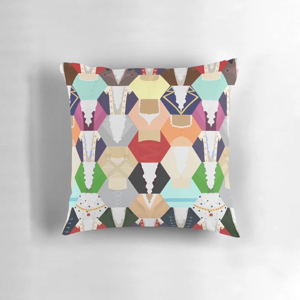 Colorful patchwork pillow featuring the Schuyler Sisters and other characters from the Broadway musical Hamilton.