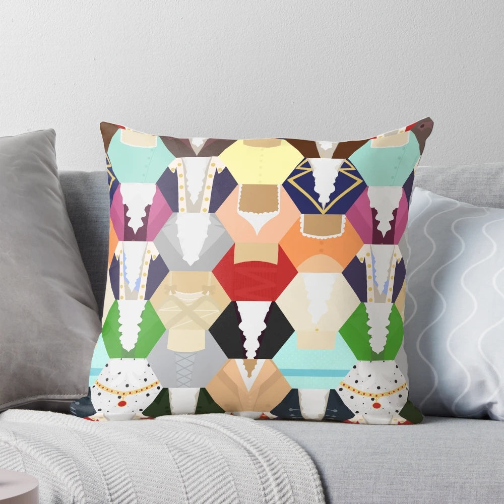 Colorful patchwork pillow featuring the Schuyler Sisters and other characters from the Broadway musical Hamilton.