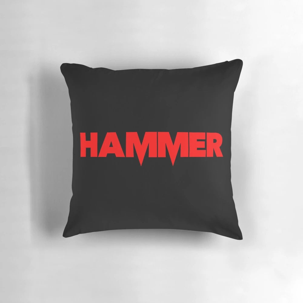 Pillow featuring the iconic Hammer Films logo in blood red, perfect for classic horror and monster movie fans.