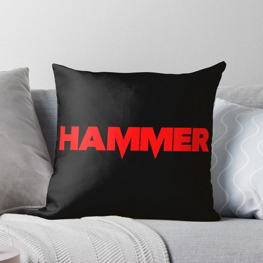 Pillow featuring the iconic Hammer Films logo in blood red, perfect for classic horror and monster movie fans.