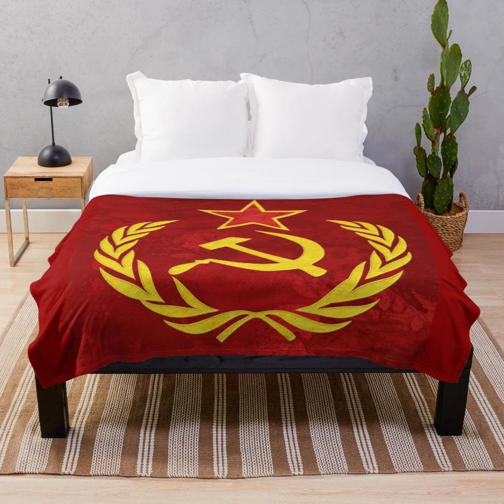 Hammer and Sickle inspired plush blanket with retro communist design